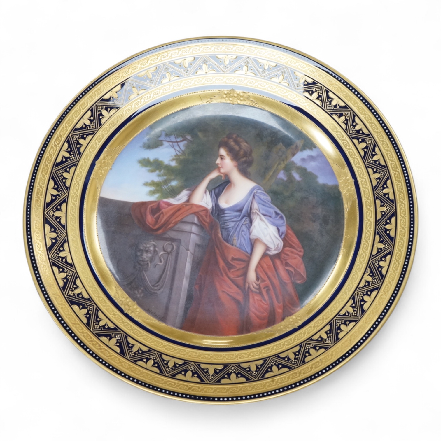 A Vienna style cabinet plate, c.1900, painted with Lady Frances Bridges after the portrait by James Watson, signed Dietrich, 24cm in diameter